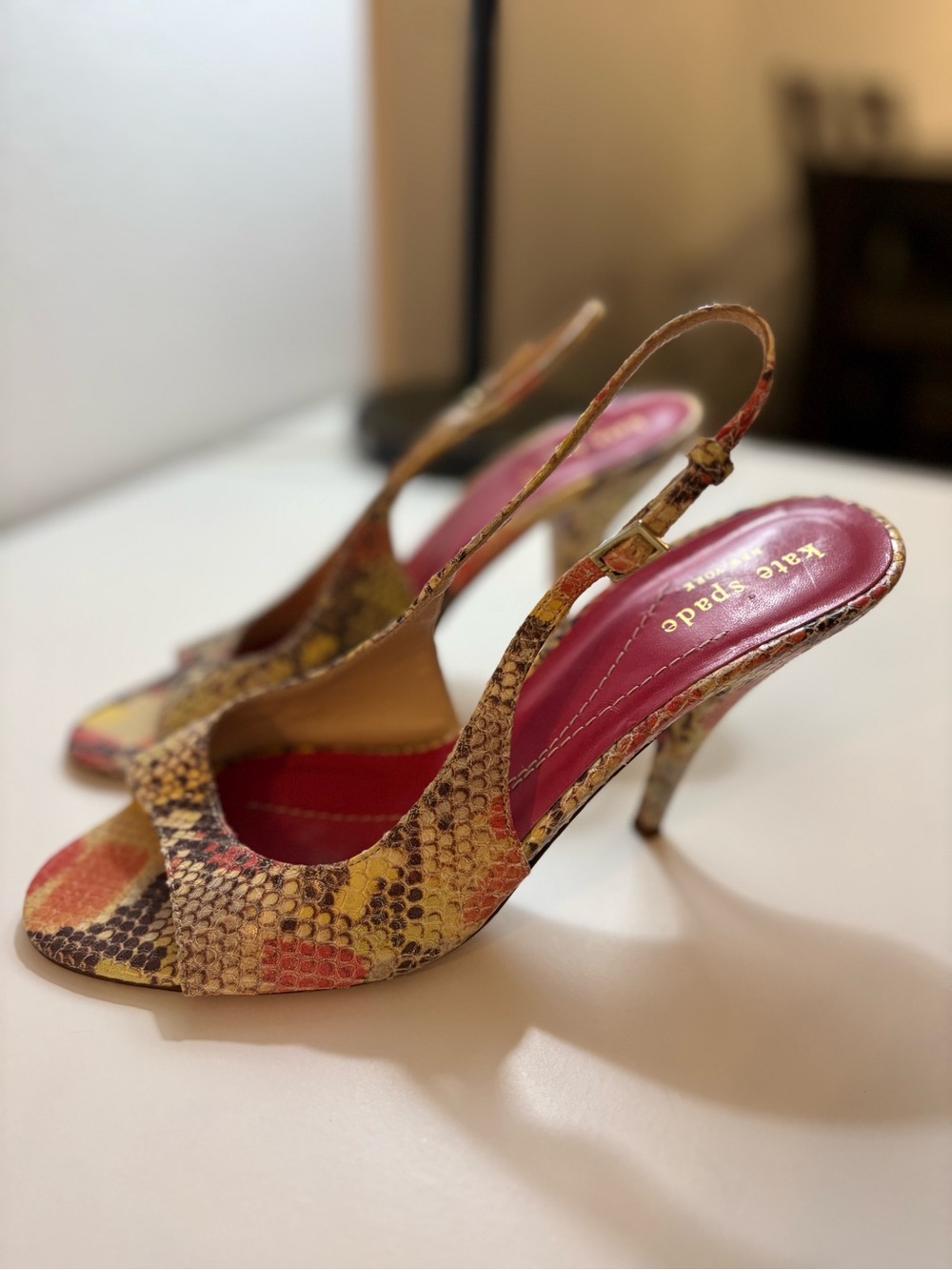 Kate Spade•Hart Python Slingback Heels 7.5 Snakeskin Open Toe Stiletto Italy